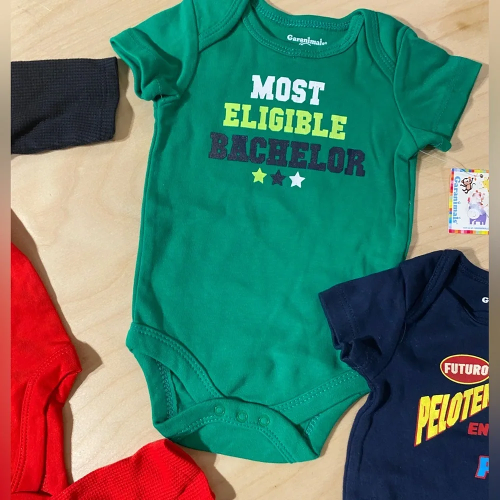4 Garanimals Comic and Sports Baby Bodysuits - Red, Green, Navy 0-3M (OQ)